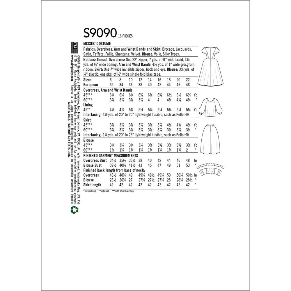 Simplicity Sewing‎ Pattern 9090 10547 Renaissance Historical Costume Misses 6-14